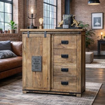 Industrial Rustic Mango Wood 1 Door 4 Drawer Storage Unit