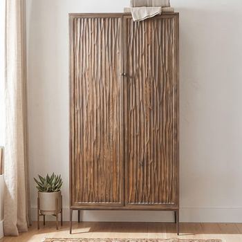 Tacca Carved Brown Distressed Wood and Metal 2 Door Cabinet