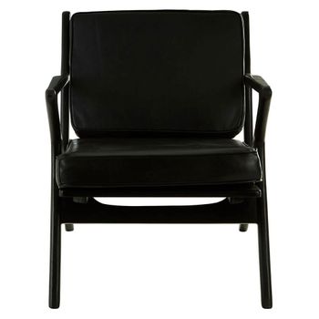 Kendari Black Leather with Teak Wood Lounge Armchair