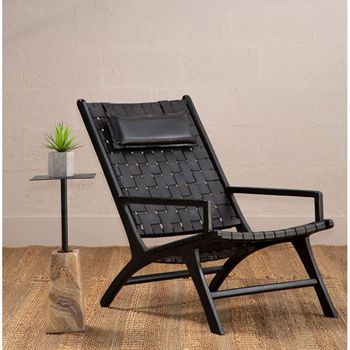 Kendari Black Woven Leather with Teak Wood Armchair
