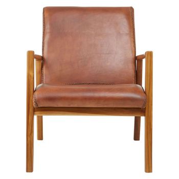 Kendari Brown Leather with Teak Wood Armchair