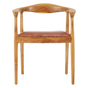 Kendari Brown Leather with Teak Wood Curved Back Armchair