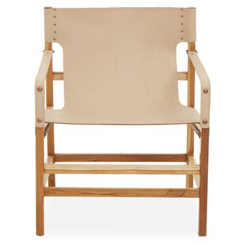 Kendari Cream Leather with Teak Wood Lounge Chair