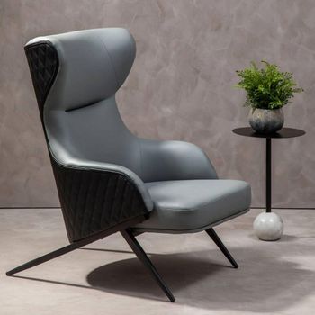 Kiev Grey Fabric and Black Faux Leather Wing Back Armchair