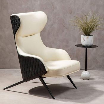 Kiev Ivory Fabric and Black Faux Leather Wing Back Armchair