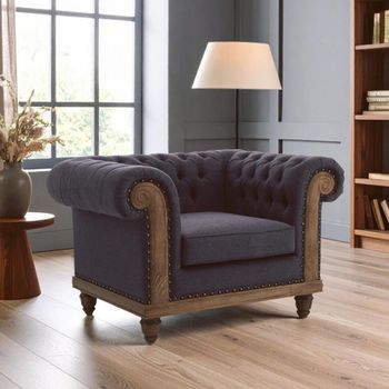 Cabra Chesterfield Graphite Grey Fabric with Mahogany Wood Armchair