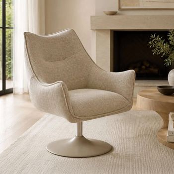 Caspian Swivel Ivory Chenille Fabric and Metal Lounge Chair