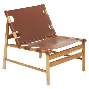 Kendari Antique Brown Leather with Teak Wood Lounge Chair