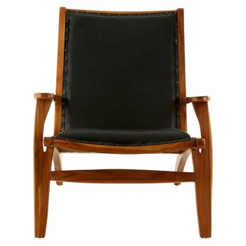 Kendari Black Leather with Teak Wood Lounge Chair