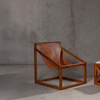 Kendari Chair Brown Leather with Teak Wood Cubic Frame