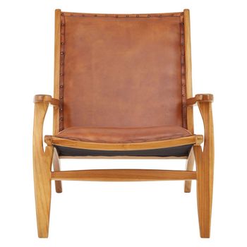 Kendari Brown Leather with Teak Wood Lounge Chair
