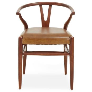 Kendari Camel Leather with Teak Wood Curved Lounge Chair