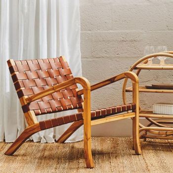 Kendari Dark Brown Leather with Teak Wood Lounge Armchair