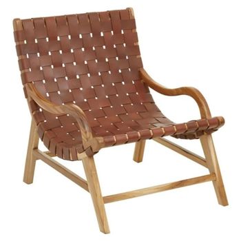 Kendari Brown Leather with Teak Wood Lounge Armchair