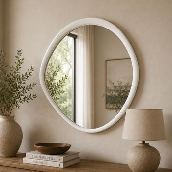White Glass and Metal Small Abstract Wall Mirror - 60.5cm x 58cm