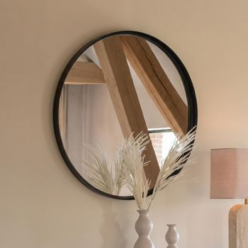 High Border Black Glass and Metal Large Round Wall Mirror - 110cm x 4cm