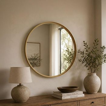 High Border Gold Glass and Metal Medium Round Wall Mirror - 80cm x 4cm