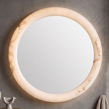 Oravelle White Resin and Metal Round Wall Mirror with Lighting - 80cm x 80cm