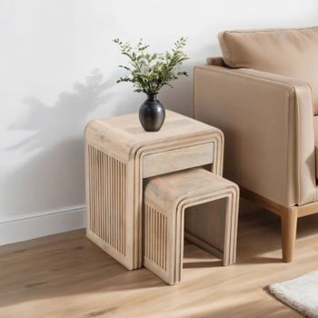 Hudson Mango Wood 1 Drawer Ribbed Carved Nest of Tables with Drawer - Set of 2