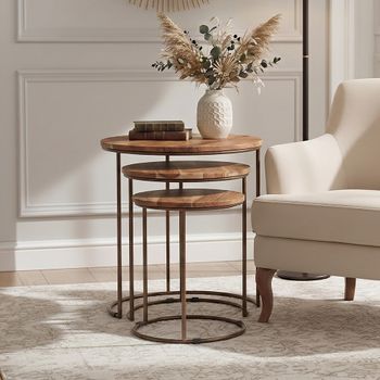 Boho Acacia Wood Round Nest of Tables - Set of 3