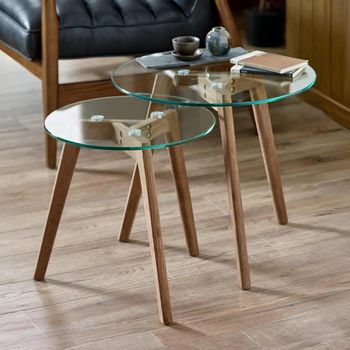 Bryant Nest of 2 Round Table Natural Glass and Oak Tripod Leg