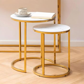 Alisma White Marble and Gold Metal Round Nest of Tables - Set of 2