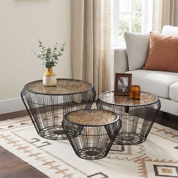 Clearance - Set of 3 Aria Round Nest of Tables Gold Mosaic Black Wire Base Metal