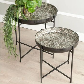 Clearance - Vista Antique Mosaic 2 Piece Bowl Table Black Metal Crossbar Stand