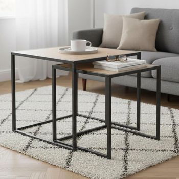 Seaford Oak and Black Metal 2 Square Nest of Tables