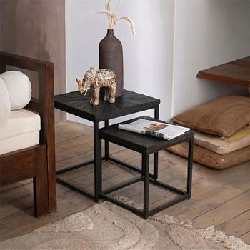Shanil Black Wood and Metal 2 Tier Sunburst Square Nest of Tables