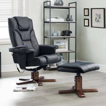 Malmo Black Faux Leather Recliner Chair with Walnut Legs Footstool