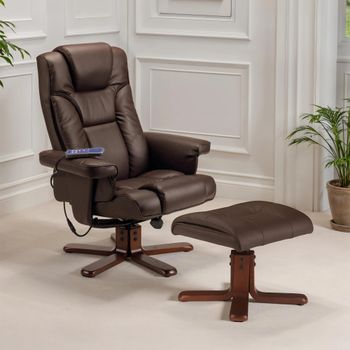Malmo Brown Faux Leather Recliner Chair with Walnut Legs Footstool