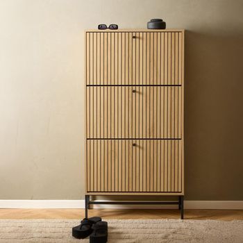 Albany Ribbed Oak 3 Door Flip Down Shoe Cabinet
