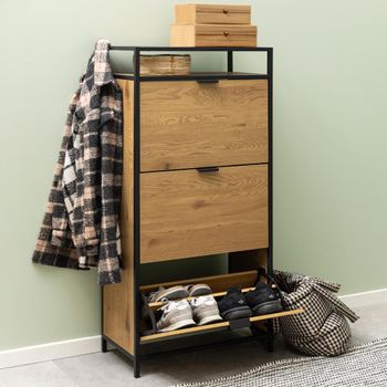 Seaford Oak and Black Metal 3 Door Flip Down Shoe Cabinet