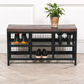 Wooden Top and Black Metal Bench Shoe Rack