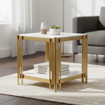 Belini White Sintered Stone and Gold End Table