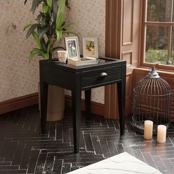 Elmhurst Black and Glass 1 Door 1 Drawer Square Side Table