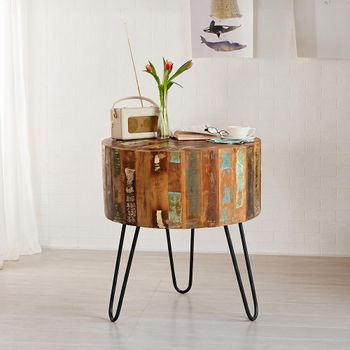 Coastal Reclaimed Wood Round Side Table with Hairpin Legs