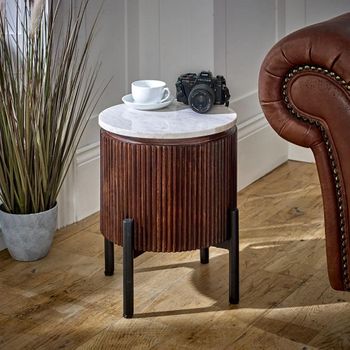 Opal Fluted White Marble Top Mango Wood Round Side Table
