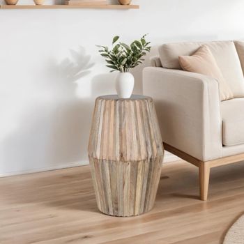 Hudson Mango Wood Ribbed Carved Round Side Table