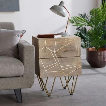 Gold Geometric Inlay Light Mango Wood 2 Drawer Side Table with Hairpin Legs