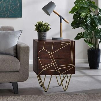 Gold Geometric Inlay Dark Mango Wood 2 Drawer Side Table with Hairpin Legs