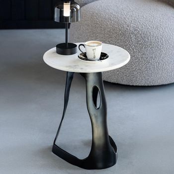 White and Black Marble and Aluminium Large Round Side Table