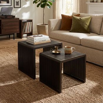 Cubic Black Recycle Teak Wood 2 Tier Slatted Side Table