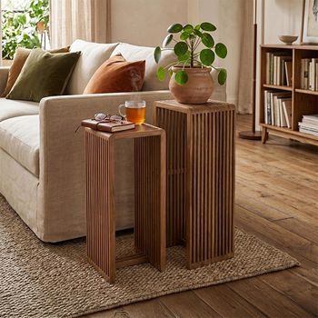 Cubic Natural Recycle Teak Wood 2 Tier Slatted Tall Side Table