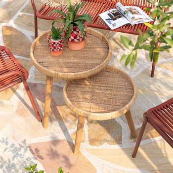 Lurne Natural Rattan and Fir Wood 2 Tier Round Side Table