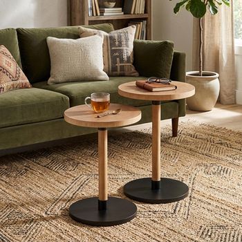 Set of 2 Ron Natural and Black Pinewood Round Side Table