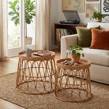 Set of 2 Natural Rattan and Plywood Round Side Table