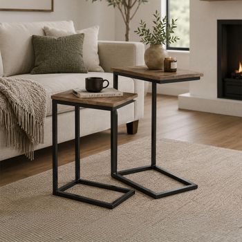 Natural and Black Wood and Metal 2 Tier Side Table