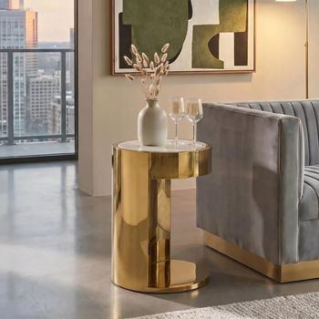Carlox White Marble Effect and Gold Metal Small Round Side Table